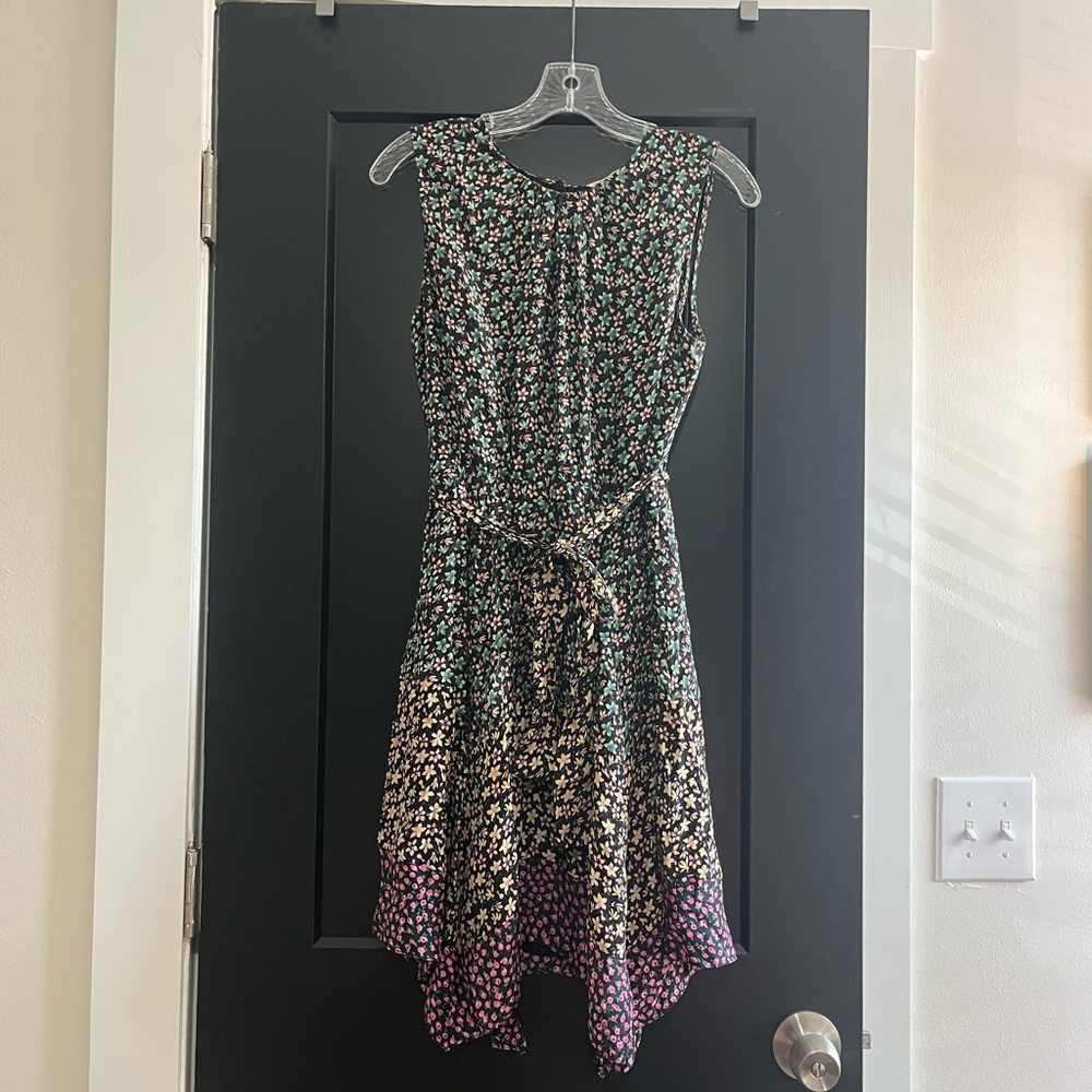 Floral Tie-Waist Tiered Summer Dress in Black and Pink 100% Silk